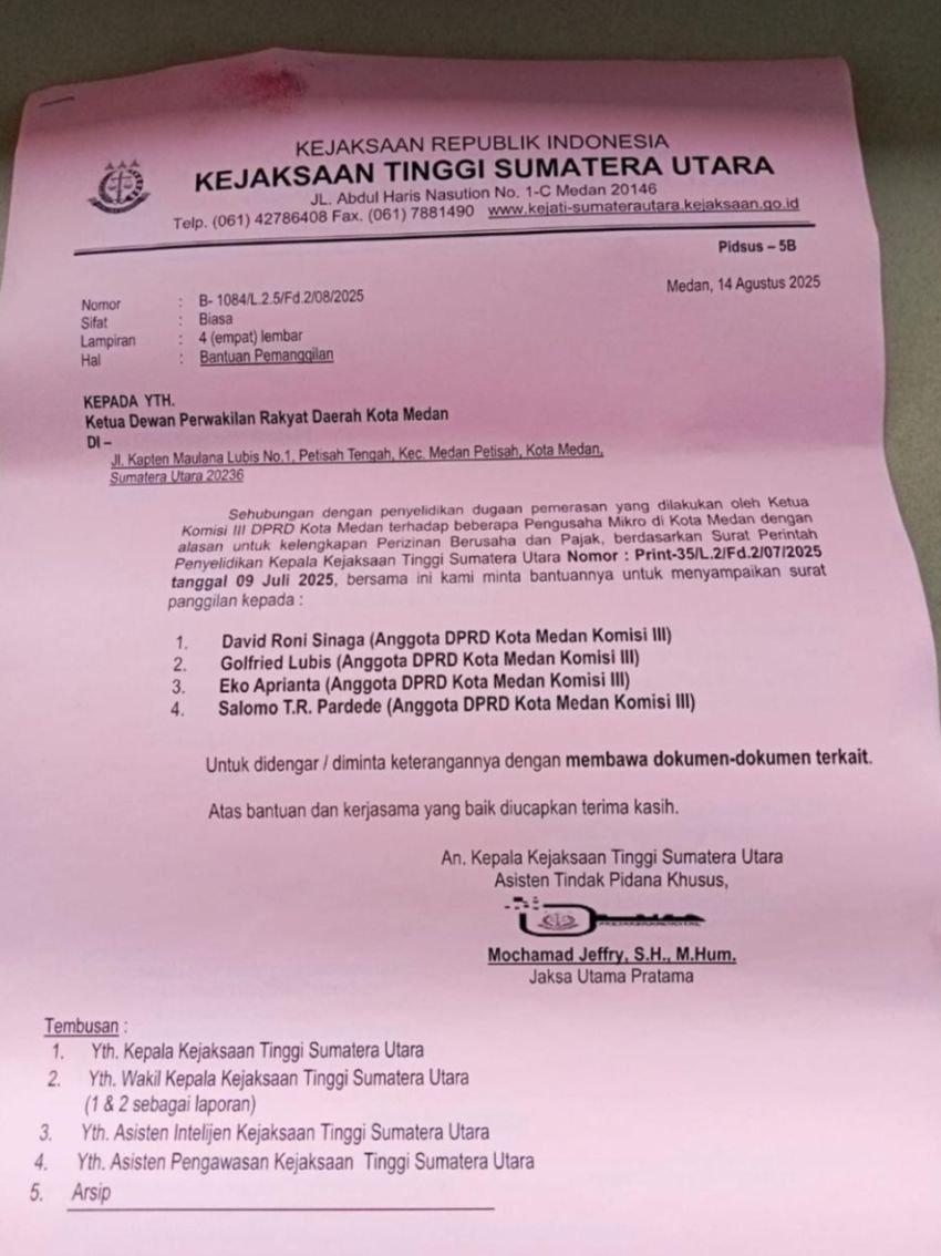 Dugaan Pemerasan, Empat Anggota DPRD Medan Dipanggil Kejatisu